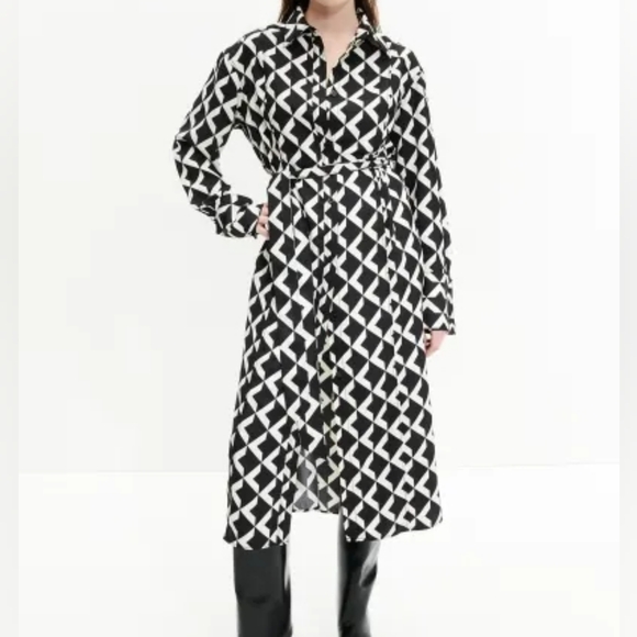 H&M Dresses & Skirts - H&M Tie-belt  shirt dress black & white Patternwd  sz L bnwt